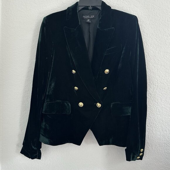 Rachel Zoe Velvet Blazer Jacket Womens M Emerald Green Gold Bttns Steampunk Work - Picture 2 of 14